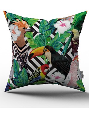 Cango Home Tropil Kuşlu Çiçekli Yeşil Siyah Yastık Kırlent Kılıfı