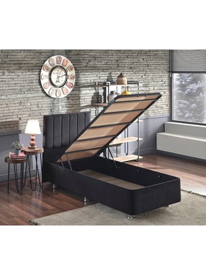 Niron Piano Lite Baza ve Başlık Seti 90x190 cm Tek Kişilik Siyah Metal Profil Baza ve Başlığı Silinebilir Soho Kumaş