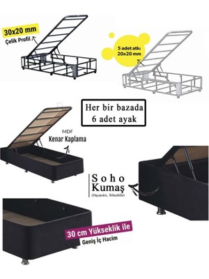 Niron Piano Lite Baza ve Başlık Seti 90x190 cm Tek Kişilik Siyah Metal Profil Baza ve Başlığı Silinebilir Soho Kumaş