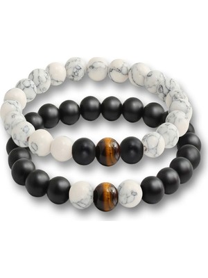 Kusakli İkili Kaplangözü Beyaz Havlit Oniks Doğaltaş Bileklik