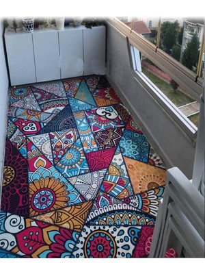 STY Home Çini Puzzle Kaymaz Tabanlı Yıkanabilir Halı Kilim Yolluk Gold Beyaz