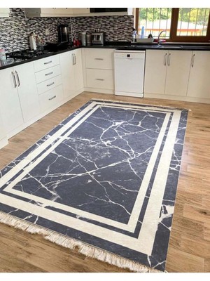 STY Home Mablet Pasa Kaymaz Tabanlı Yıkanabilir Halı Kilim Yolluk Gri Beyaz