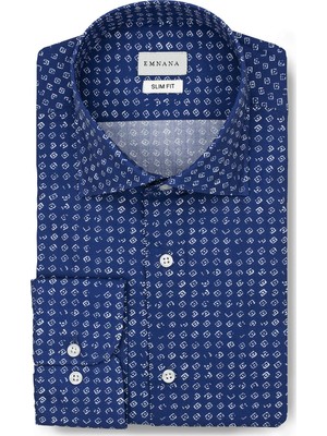 Emnana Desenli Mavi Slim Fit Print Gömlek