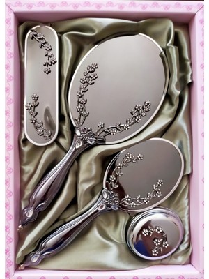 DDTREND Ayna Tarak Takımı 4 Parça Çeyiz Seti Sarmaşık Desen Gümüş Renk