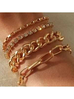 X-lady Accessories Taşlı Dörtlü Kombin Bileklik Kadınlar İçin 21 cm Altın Renkli