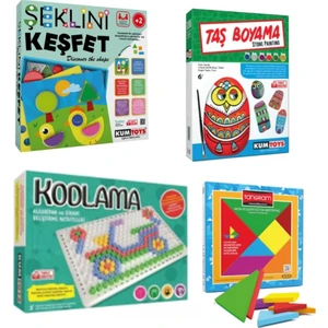 Kumtoys Şeklini Keşfet+Taş Boyama+Kodlama+Renkli Tangram 4'lü Eğitici Set