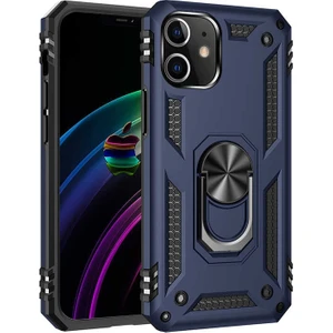 Apple iPhone 12 Mini Kılıf Tank Koruma Vega Standlı Yüzüklü Mıknatıslı Lacivert