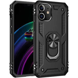 Apple iPhone 12 Mini Kılıf Tank Koruma Vega Standlı Yüzüklü Mıknatıslı Siyah