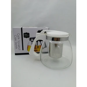 Çelik Süzgeçli Cam Demlik- Beyaz 900 ml.