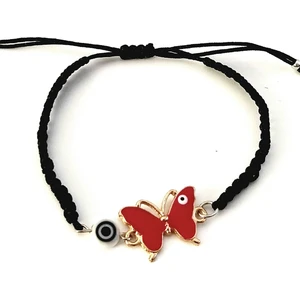 Funny Takı Kırmızı Kelebek Beyaz Nazar Boncuklu  Siyah Makrome  Bileklik