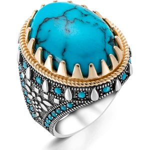 925 Ayar Gümüş Firüze Taş Süslemeli Damarlı Turkuaz Taşlı Erkek Yüzük