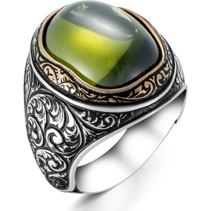 Kesim Zebercet Olivin Yeşil Taşlı Gümüş Erkek Yüzük