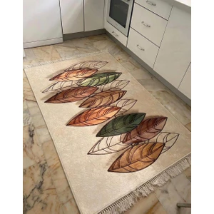 STY Home Yaprak Krem Yıkanabilir Halı Kaymaz Tabanlı Kilim Yolluk
