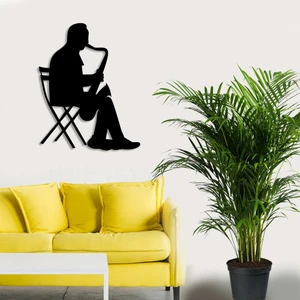 Sandelye De Saksofon Çalan Adam Duvar Oda Ev Aksesuarı Ahşap Tablo 39 x 50 cm