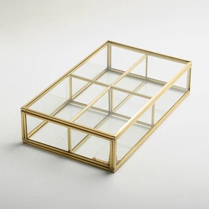 El Crea Designs Takı Aksesuar Makyaj Kutusu Cam Organizer Kapaklı Bölmeli Kutu Gold Pirinç Brass 25X15X6CM
