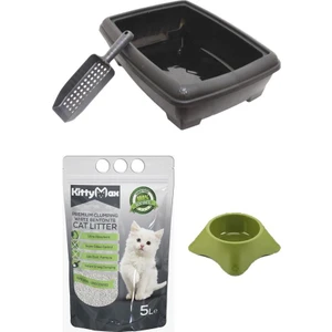 Gri Açık Kedi Tuvaleti + Mama Kabı + Kum + Kürek Seti