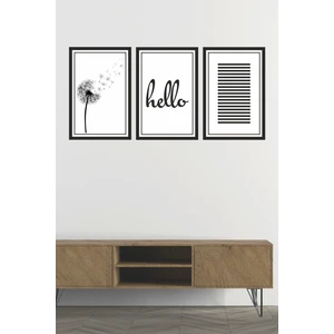 Dekor Sevgisi Çerçeveli 3 Parça Siyah Beyaz Hello Yazılı Tablo Seti