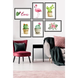 Dekor Sevgisi 6 Parça Çerçeve Görünümlü  Tropikal Kaktüs Flamingo Pvc Tablo Seti