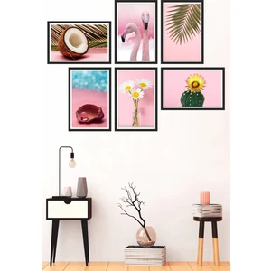 Dekor Sevgisi 6 Parça Çerçeve Görünümlü Pembe Hindistan Cevizi Inci Çiçek Kaktüslü Pvc Tablo Seti