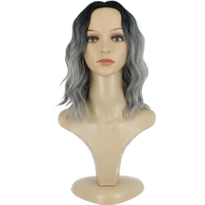 Eva Peruk Kısa Perçemsiz Su Dalgalı Fiber Sentetik Peruk Siyah Gri Ombreli