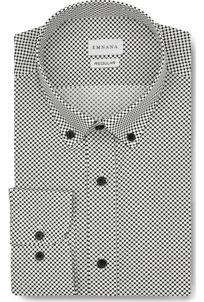 Emnana Beyaz Puantiyeli Siyah Regular Fit Print Gömlek