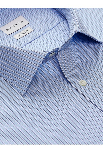 Emnana Mavi Kareli Kısa Kollu Slim Fit Gömlek