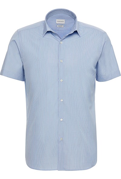 Emnana Mavi Kareli Kısa Kollu Slim Fit Gömlek