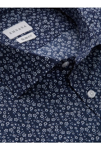 Emnana Lacivert Çiçek Desenli Slim Fit Print Gömlek