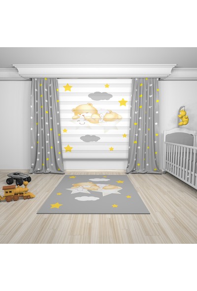 Tekstil Net Gri Bulut Ve Ayıcık Temalı Baskılı Bebek Odası Zebra Perde Kd-521