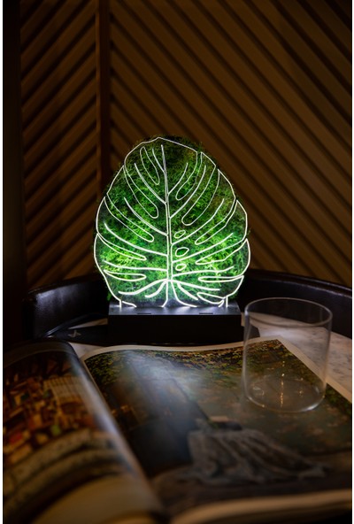 Benta Design 3D Monstera Devetabanı Şoklanmış Yosun 3 Boyutlu Dekoratif LED Masa