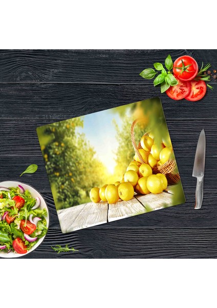 Dekoratif Cam Kesme Tahtası Limon Sepeti 30 x 40 cm | Cam Kesme Tablası