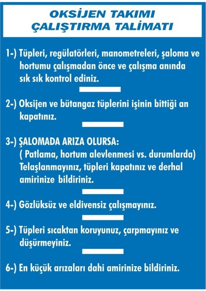 Oksijen Tüpü Çalıştırma Talimatı Galvaniz Uyarı Levhası 17,5 x 25 cm