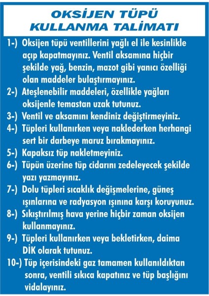 Oksijen Tüpü Kullanma Talimatı 2.6 mm PVC Uyarı Levhası 17,5 x 25 cm
