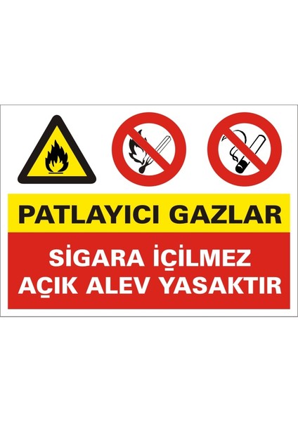 Patlayıcı Gazlar Sigara İçilmez Açık Alev Yasaktır (Kendinden Yapışkanlı Etiket) 17,5 x 25 cm