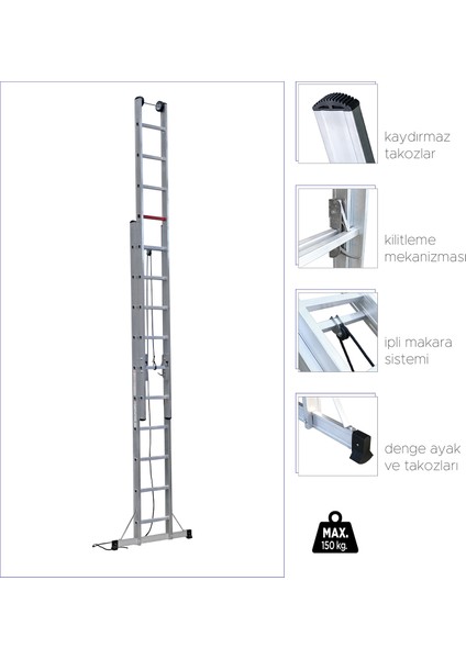 2x10 Basamaklı İpli&Makaralı Alüminyum Merdiven (M1006)