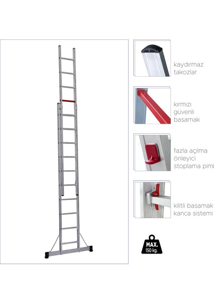 2x10 Basamaklı İki Parçalı Alüminyum Merdiven (TS6)