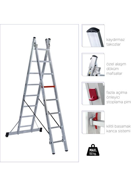 2x8 Basamaklı İki Parçalı Çok Amaçlı Merdiven (TSA5)