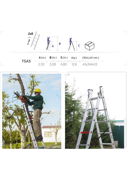2x8 Basamaklı İki Parçalı Çok Amaçlı Merdiven (TSA5)