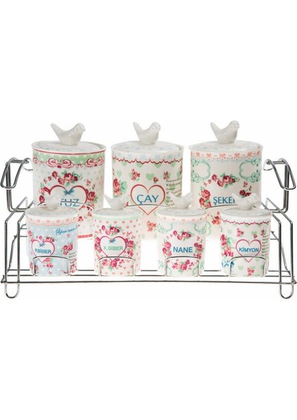 413 Kalp 7'li Porselen Kuşlu Baharatlık