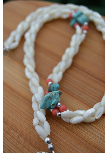 Sedef Mercan ve Turkuaz Doğal Taş El Yapımı Kadın Kolye modelleri