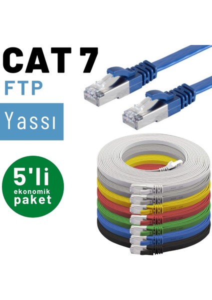 5 Adet  CAT7 Yassı Ethernet (Network, LAN) Kablosu, Siyah, 25 cm