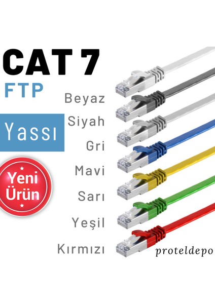 5 Adet  CAT7 Yassı Ethernet (Network, LAN) Kablosu, Siyah, 25 cm