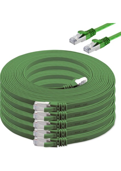 5 Adet CAT7 Yassı Ethernet (Network, LAN) Kablosu, Yeşil, 25 cm