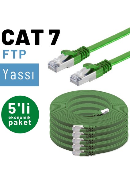 5 Adet CAT7 Yassı Ethernet (Network, LAN) Kablosu, Yeşil, 25 cm
