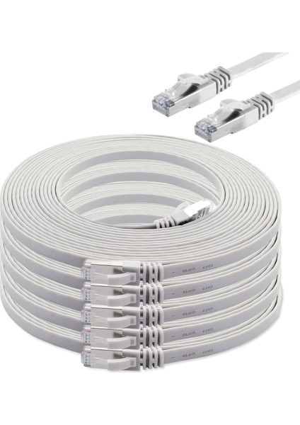 5 Adet CAT7 Yassı Ethernet (Network, LAN) Kablosu, Beyaz, 10 metre