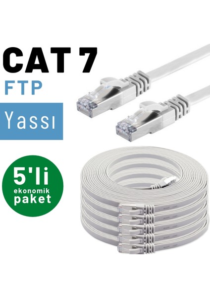5 Adet CAT7 Yassı Ethernet (Network, LAN) Kablosu, Beyaz, 10 metre