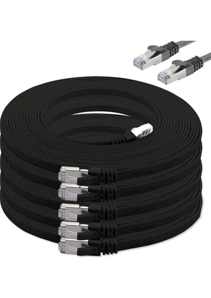 5 Adet  CAT7 Yassı Ethernet (Network, LAN) Kablosu, Siyah, 25 cm