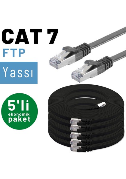 5 Adet  CAT7 Yassı Ethernet (Network, LAN) Kablosu, Siyah, 25 cm