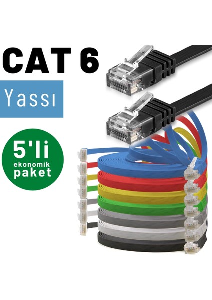 5 Adet CAT6 Yassı Ethernet (Network, LAN) Kablosu, Gri, 25 cm