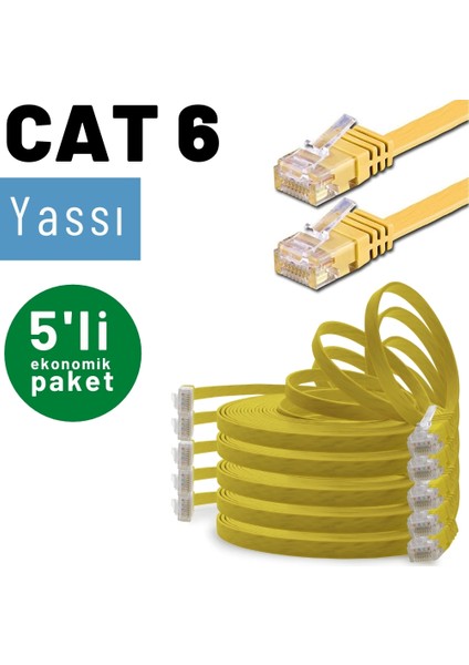 5 Adet CAT6 Yassı Ethernet (Network, LAN) Kablosu, Sarı, 25 cm